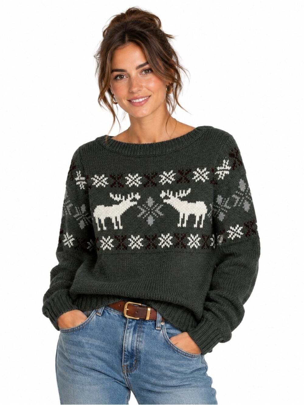 L.L.Bean Gray Moose Fair Isle Knit Sweater Nordic Winter Cozy Women XS